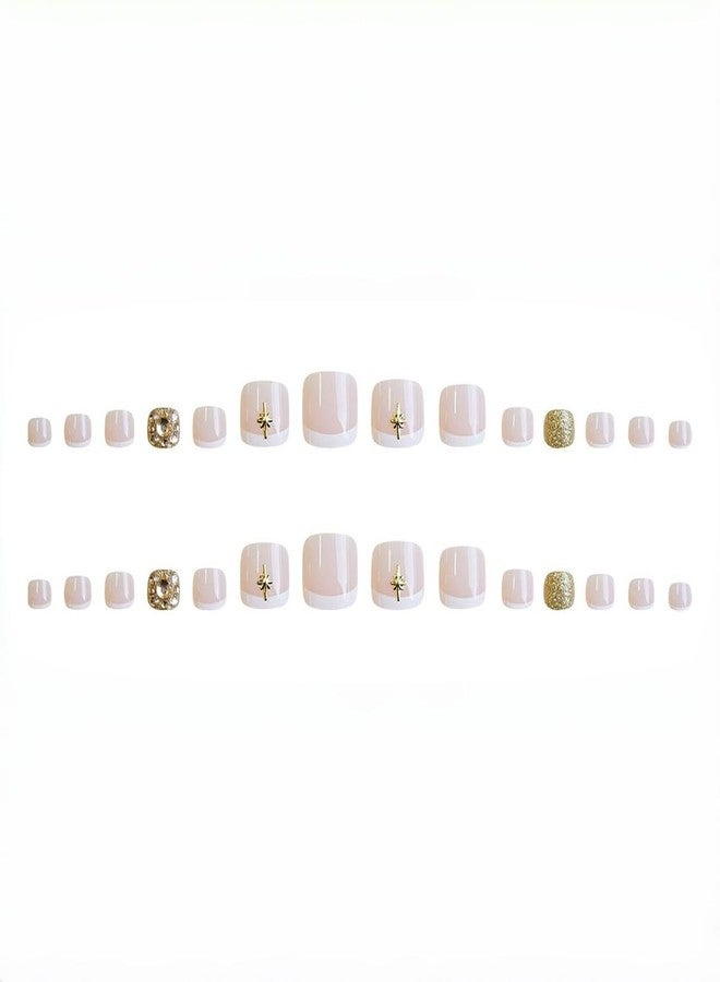 HJKDSFD 24Pcs White French Tip Press on Toe Nails Short Fake Toenails Nude Square Acrylic False Toenails with Gold Rhinestones Designs Full Cover Reusable Gloss Glue on Toenails for Women and Girls - Image 5